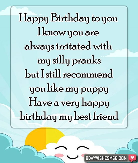 Happy Birthday to you dear. I know you are always irritated with my silly pranks, but I still recommend you like my puppy. Have a very happy birthday my best friend.